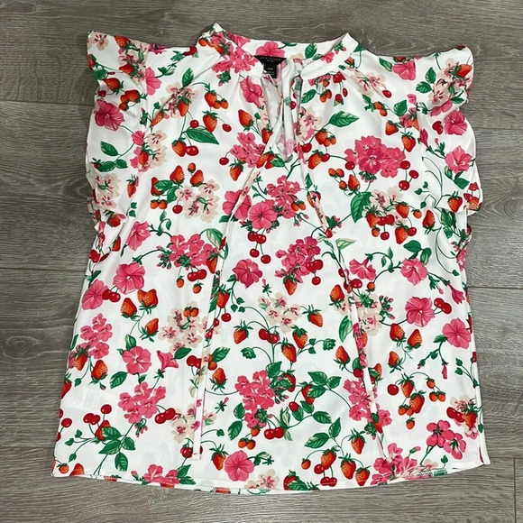 NWOT Ann Taylor Petite Floral Strawberry Mixed Media Ruffle Sleeve Tie Neck XXSP - Picture 9 of 16